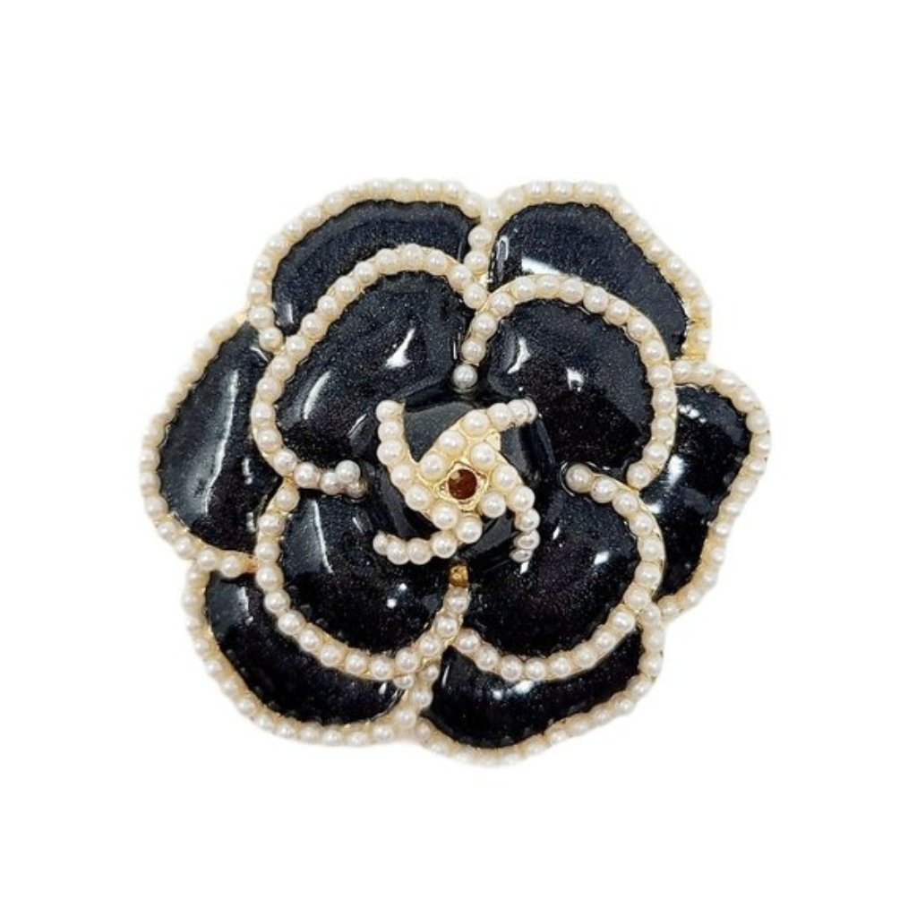 Black Gold Enamel Pearl Rose Flower Brooch Pin